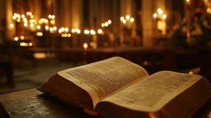 Close-up of an open Bible on an altar, soft light illuminating its pages.