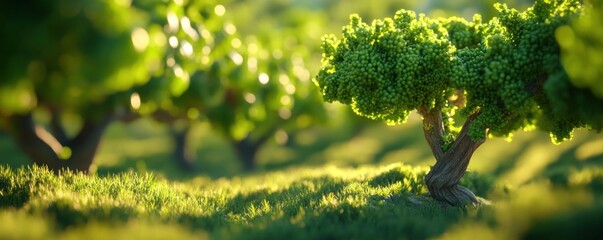 Lush green tree, sunlit meadow, background orchard, nature scene