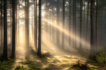 Sunbeams through misty pine forest, nature scene, peaceful morning, landscape photography, ideal for nature documentaries