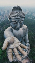 Majestic Aerial View of Giant Buddha Overlooking Modern Cityscape