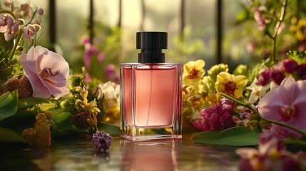 Elegant Perfume Bottle Amidst Vibrant Flowers
