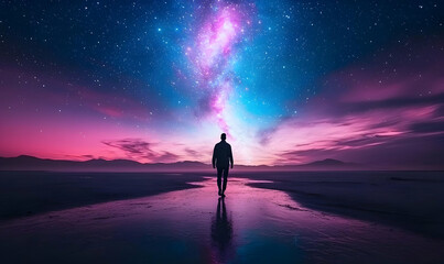 Obraz premium Person Standing Under Vibrant Milky Way with Stunning Colors