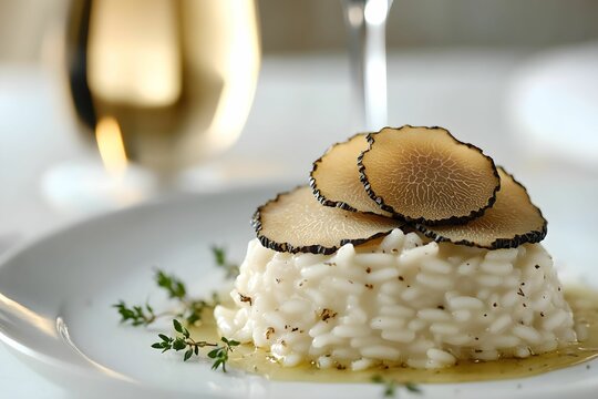 risotto, trufle, kuchnia włoska, luksusowe jedzenie, prostota, truflowy olej, biały talerz, elegancka prezentacja, fine dining, kremowa konsystencja, sztuka kulinarna, jedzenie na talerzu, subtelne ak