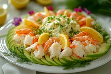 sałatka, awokado, krab, delikatne jedzenie, wykwintne danie, zdrowe składniki, fine dining, jadalne kwiaty, sałatka na talerzu, elegancka prezentacja, krewetki, aioli, citrusowy dressing, elegancka ku