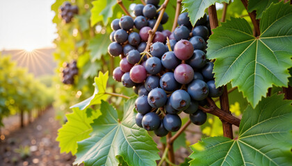 Ripe purple grapes glistening with dew in vineyard, nature's bounty