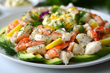 sałatka, awokado, krab, delikatne jedzenie, wykwintne danie, zdrowe składniki, fine dining, jadalne kwiaty, sałatka na talerzu, elegancka prezentacja, krewetki, aioli, citrusowy dressing, elegancka ku