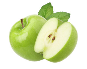 green apple (granny smith apple) with leaves and half isolated, transparent PNG, PNG format, cut out