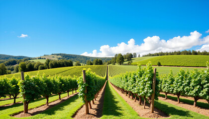 Fototapeta premium Lush vineyard under clear blue sky with vibrant grapevines, vineyard tour