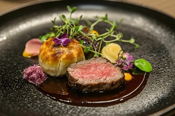 wołowina, klasyczna kuchnia, Beef Wellington, elegancka prezentacja, czarna ceramika, sztuka kulinarna, klasyczne danie, fine dining, rustykalny styl, danie główne, nowoczesne podanie, kuchnia wykwint