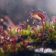 Close-Up of Moss Glimmering with Water Droplets Showcasing Nature's Artistry in Carnivorous Plant Habitat