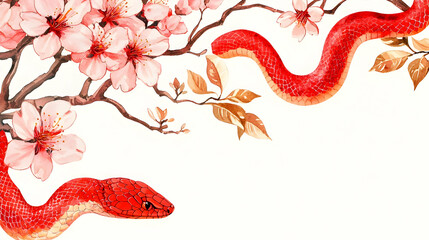 Obraz premium Red Snake Slithering Among Cherry Blossom Branches in Spring