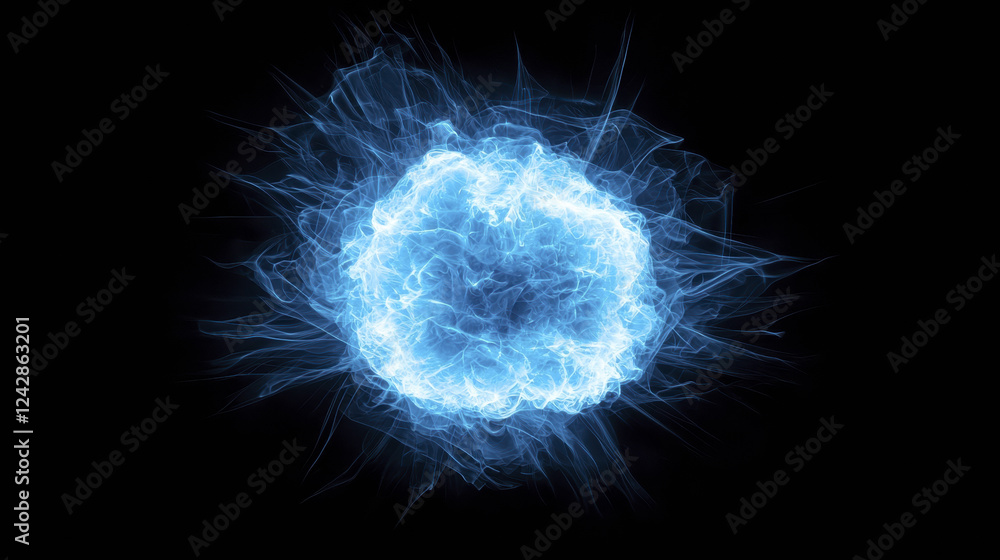Poster glowing blue energy sphere with wispy tendrils against black background, creating mystical and dynam