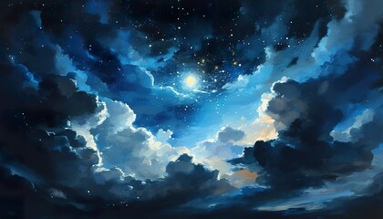 Fototapeta premium Night Sky Painting Moonlit Clouds, Stars, and Celestial Dreamscape