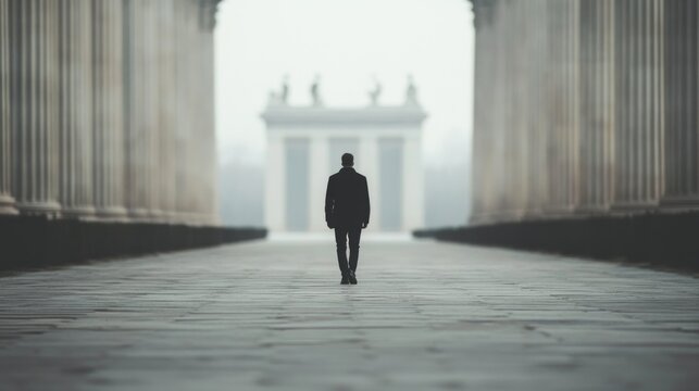 Man walking towards classical architecture, foggy day - Powered by Adobe