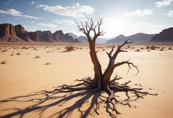 Withered tree with twisted roots on barren desert landscape, twisted, environment, isolated