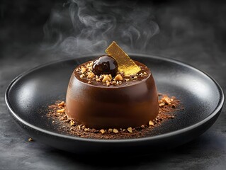 deser, czekolada, ciemna estetyka, food photography, złote akcenty, kulinarna elegancja, światło boczne, intensywne kolory, bogata faktura, fine dining, restauracyjny styl, ekskluzywność, deser czekol