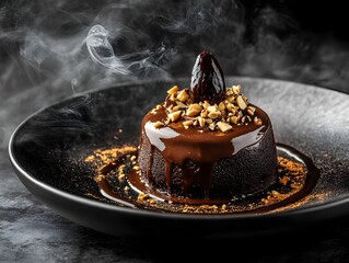 deser, czekolada, ciemna estetyka, food photography, złote akcenty, kulinarna elegancja, światło boczne, intensywne kolory, bogata faktura, fine dining, restauracyjny styl, ekskluzywność, deser czekol