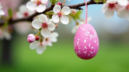 Banner with empty space close-up of a pink Easter egg hanging on a flowering tree against a background of blue sky and green grass, Easter concept