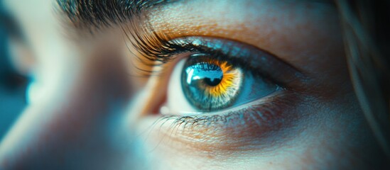 Close-up eye, female, gazing, blue tones, blurred background, advertising