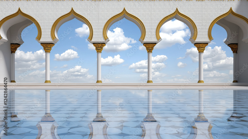 Poster minimalist architectural design featuring arches and reflective floor, creating serene atmosphere wi