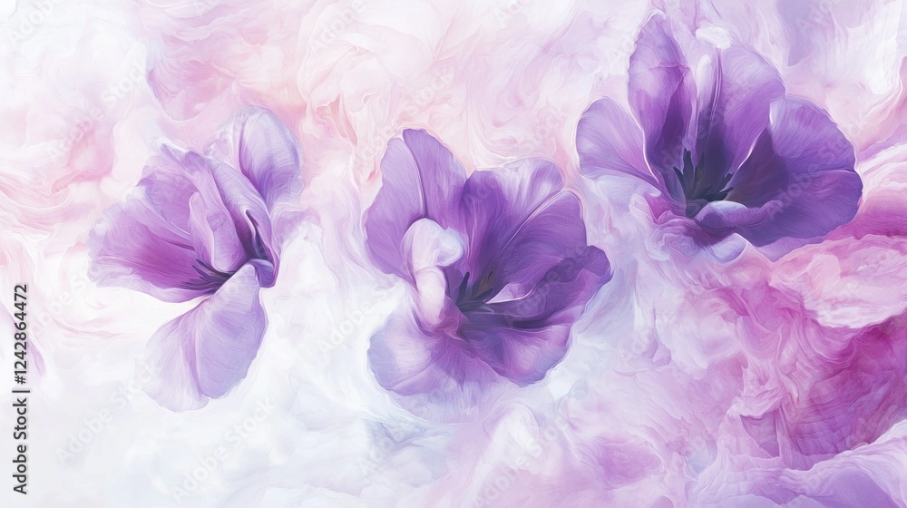 Poster three exquisite purple flowers rise gently from a dreamlike background of soft pinks and whites, cre