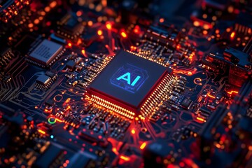 Futuristic AI Processor on Circuit Board with Neon Lighting, Artificial Intelligence Technology Concept, High-Tech Innovation and Advanced Computing