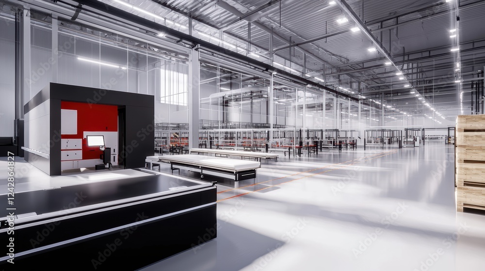 Poster advanced smart factory interior with connected machines, efficient automation, and digital overlays 