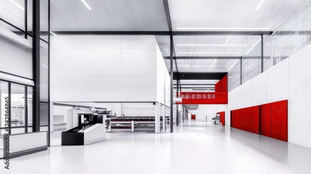 Poster advanced smart factory interior with connected machines, efficient automation, and digital overlays 