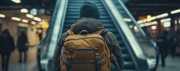 Naklejka premium Traveler ascends escalator in bustling transit station