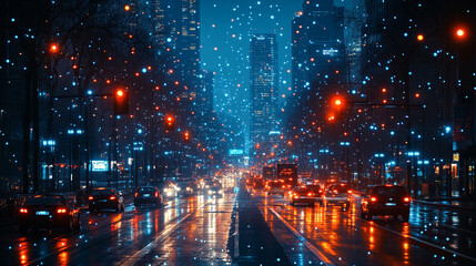 Obraz premium Rainy Night Cityscape Vibrant Lights Traffic Urban Scene Digital Art Wet Red Dark Cars Glow Road 
