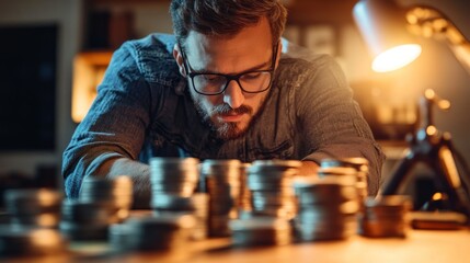 Man meticulously examining film reels in dimly lit studio, preparing for movie editing