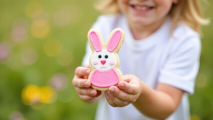 Close-up a happy girl in a white t-shirt holds in hand gingerbread cookie in the form of a easter bunny with pink and white glaze, blurred green grass on background