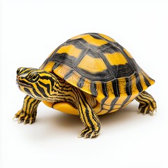 Obraz premium Yellow and Black Striped Turtle on White Background