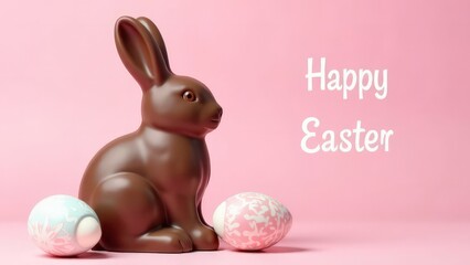 Banner with letter Happy Easter and Easter chocolate bunny on a pink background, near Easter decorated eggs, Easter concept