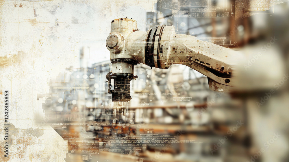 Poster industrial robotic arm in factory setting, showcasing automation and technology. image conveys sense
