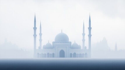 Obraz premium Misty Mosque, serene landscape, peaceful morning, religious site, travel poster