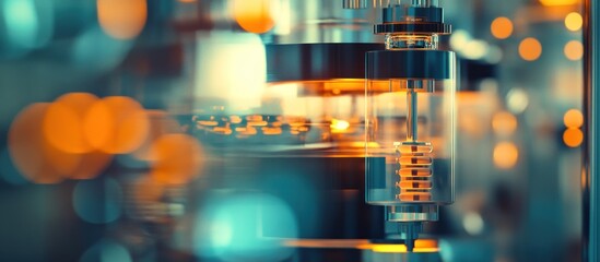 Factory automation Precision machine close-up, blurred background lights