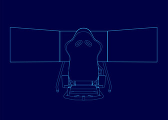 A blue computer monitors with blue chair. The chair is positioned in front of the monitor. Game simulator outline