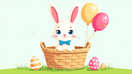 Illustration of a bunny with a blue bow on his neck sits in a basket with orange and pink balloons on a green lawn with Easter eggs