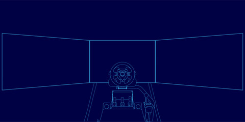A blue drawing of a video game controller with three screens. The controller is designed to be used with a racing game. Front view