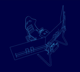 A blue drawing of a video game controller with three screens. The controller is designed to be used with a racing game