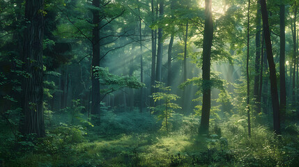 Naklejka premium Peaceful Dawn in a Serene Forest: Light and Shadow Dance Among Trees, Creating a Tranquil Escape