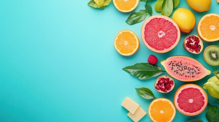 Vibrant Summer Fruits Arranged On Turquoise Background