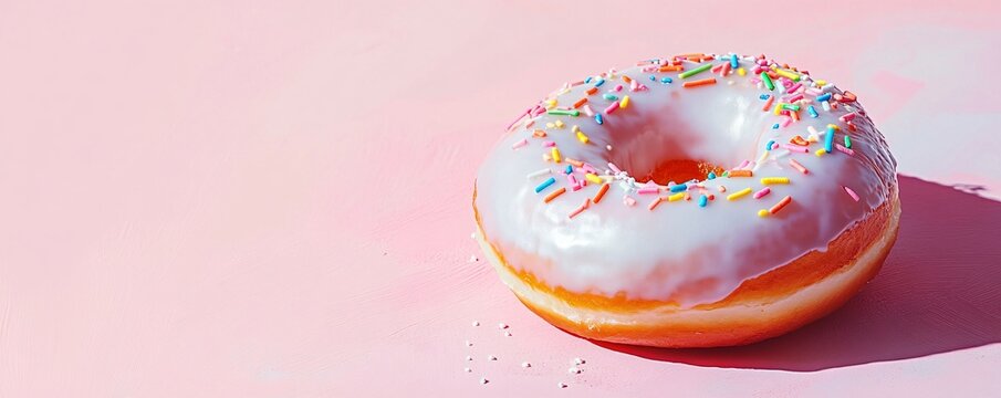 Delicious donut with white icing and sprinkles lying on pink background - Powered by Adobe
