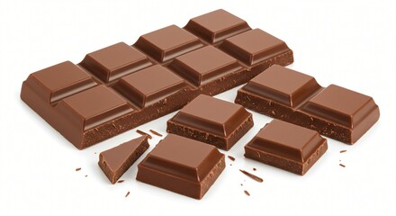 Fototapeta premium A delicious milk chocolate bar with smooth, glossy squares, some broken into smaller pieces, revealing a rich and creamy texture. Small chocolate flakes are scattered around.