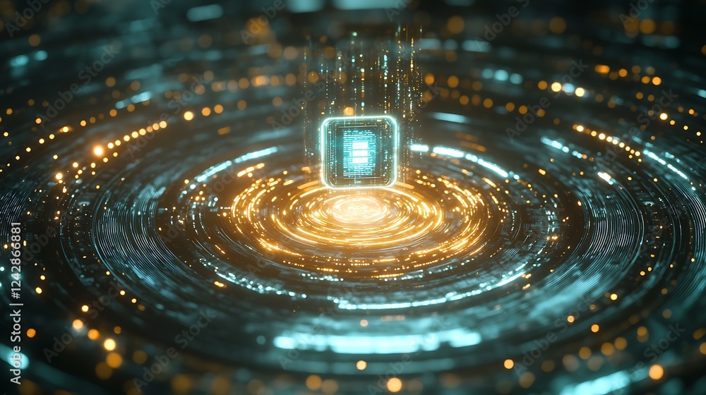 Poster a digital storm of big data streams flowing into a central glowing ai processor surrounded by lumino