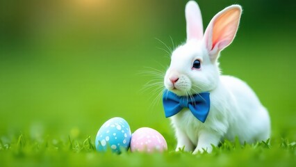 A cute Easter white bunny with a blue bow on his neck sits on green grass, Easter eggs lie nearby, blurred background
