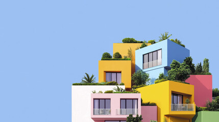 Obraz premium Colorful modern buildings on hillside with greenery and blue sky