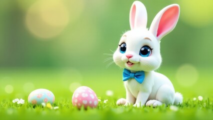 A cute Easter white bunny with a blue bow on his neck sits on green grass, Easter eggs lie nearby, blurred background