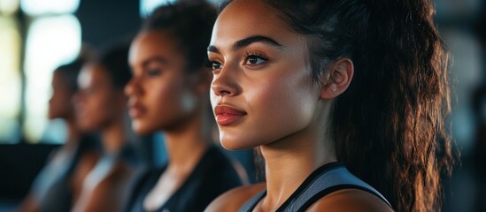 Focused women's fitness class gym workout